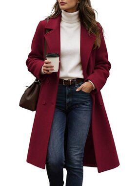 Women WineRed Lapel Collar Long Sleeve Pockets Outerwear Casual Long Trench Coat